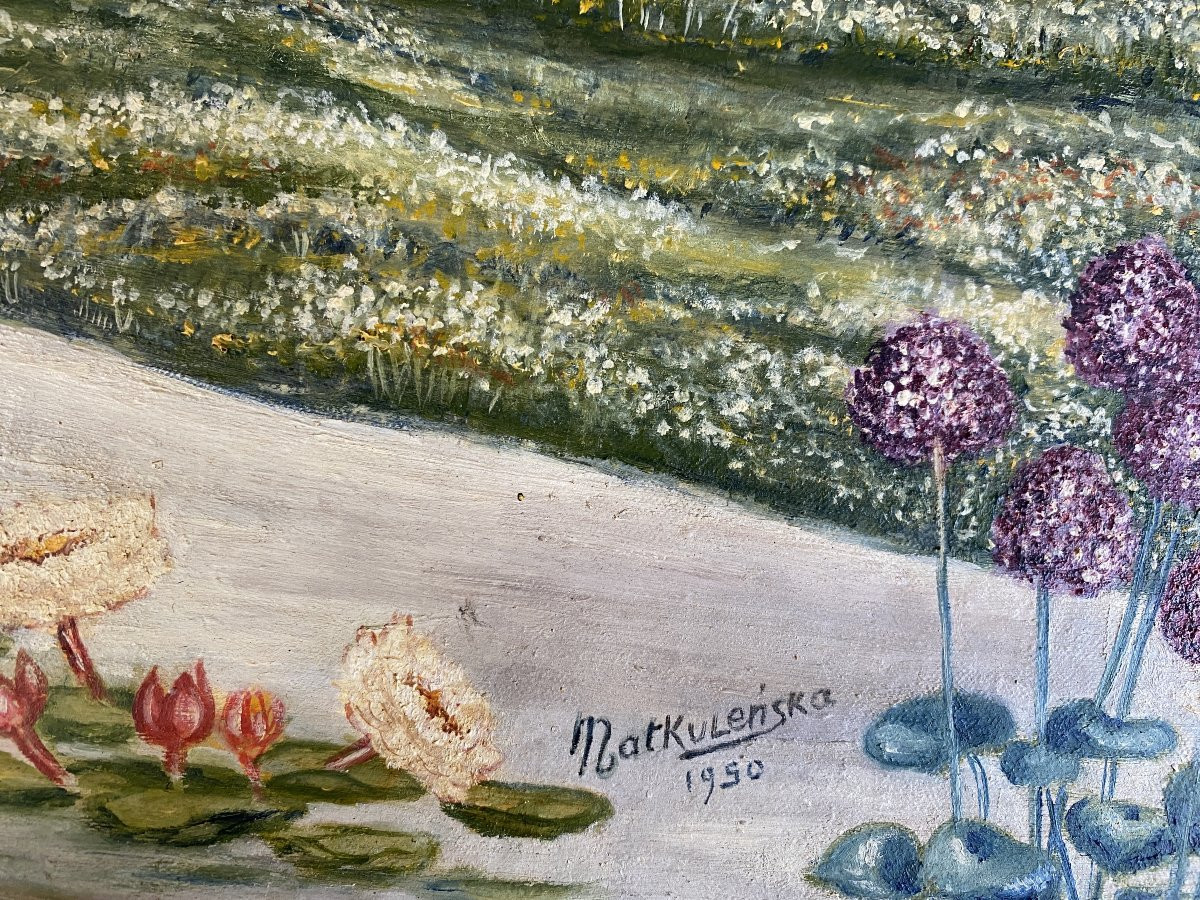 Scène Animée Femmes au Jardin Matkulenska Paris 1950 Huile sur Toile Fresque Pointilliste-photo-2