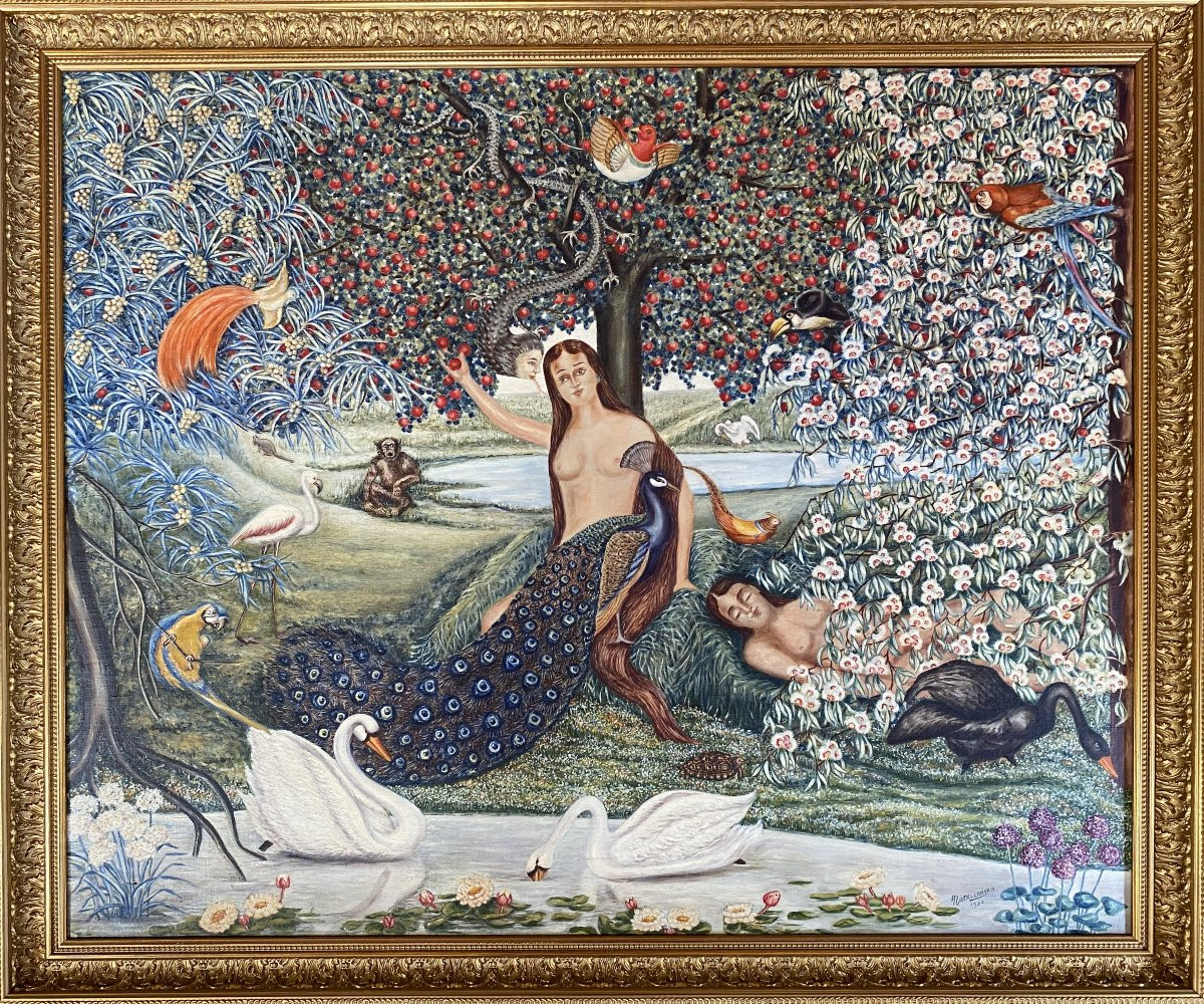 Scène Animée Femmes au Jardin Matkulenska Paris 1950 Huile sur Toile Fresque Pointilliste-photo-3