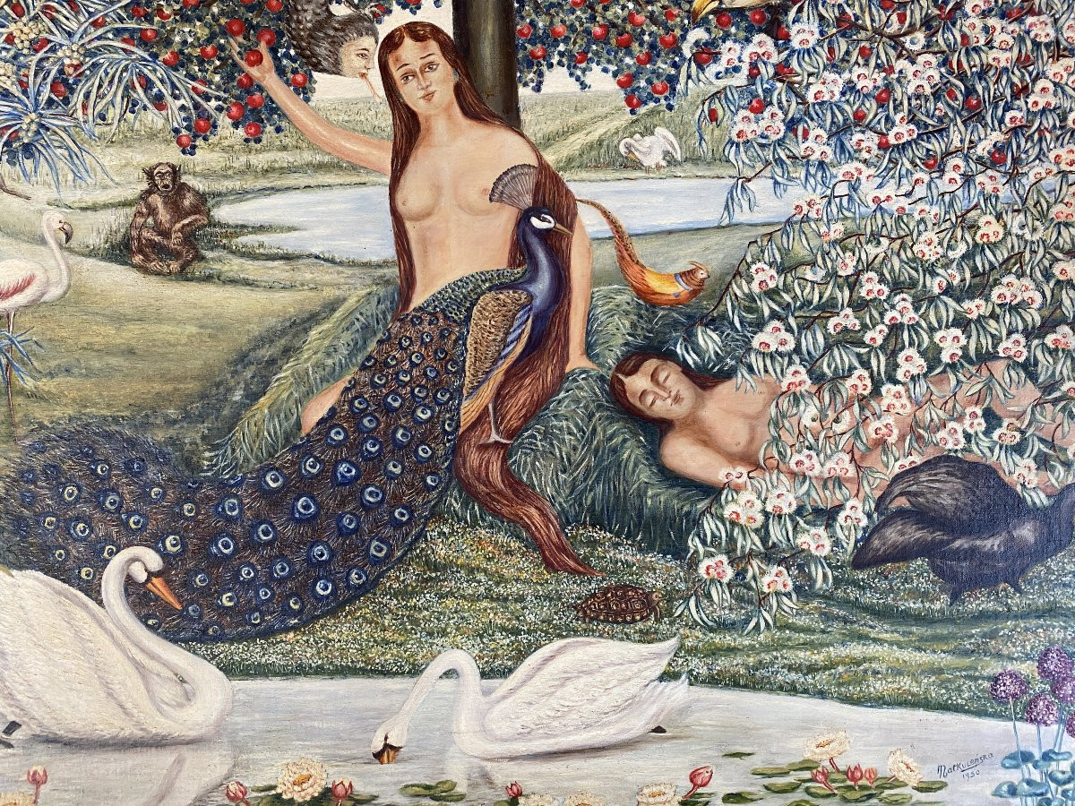 Scène Animée Femmes au Jardin Matkulenska Paris 1950 Huile sur Toile Fresque Pointilliste-photo-4