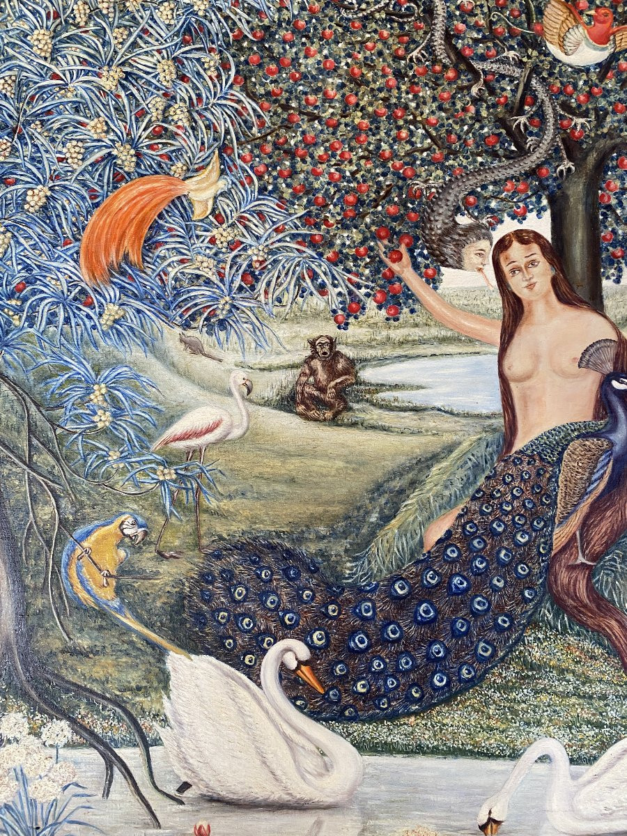 Scène Animée Femmes au Jardin Matkulenska Paris 1950 Huile sur Toile Fresque Pointilliste-photo-1
