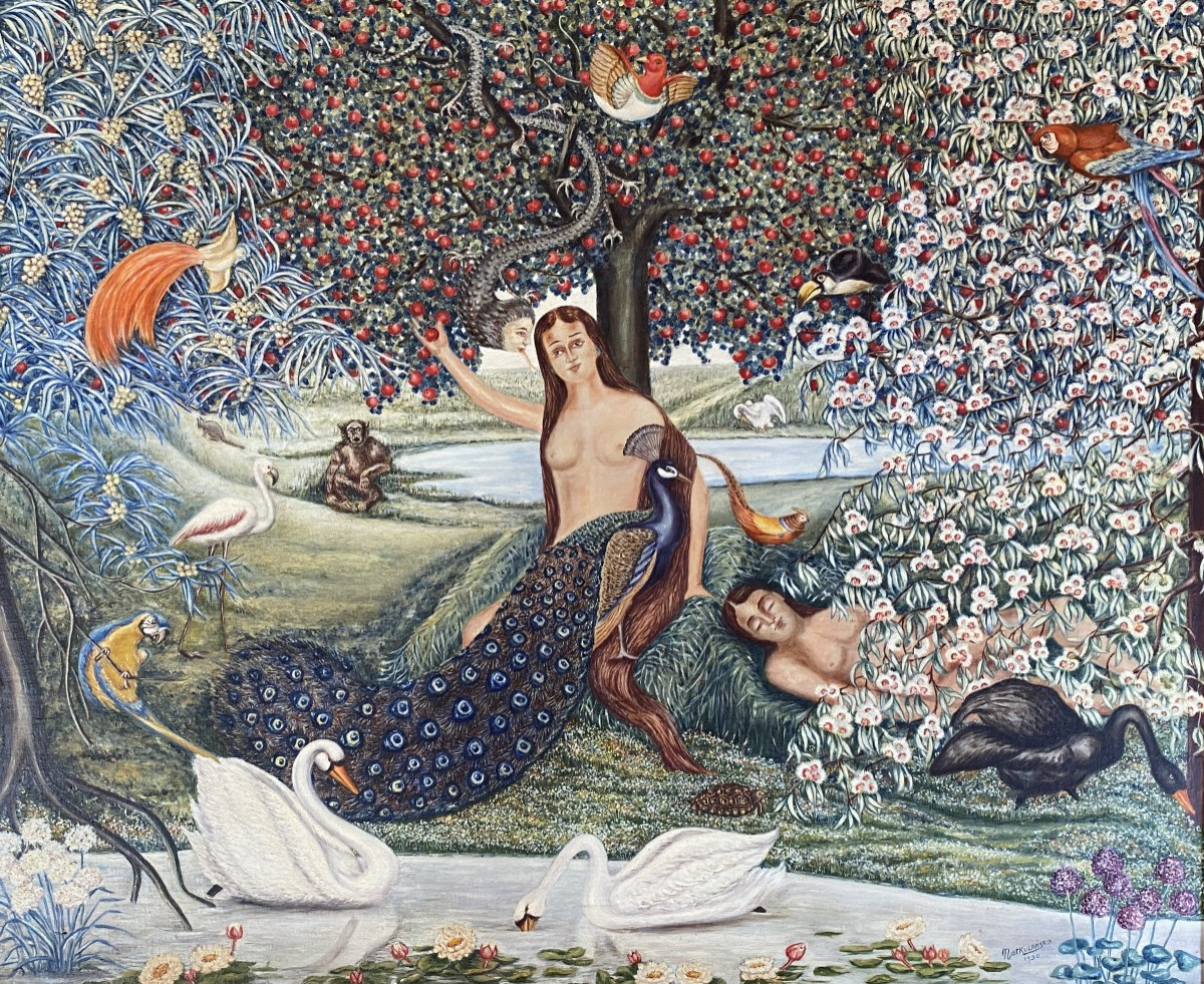 Scène Animée Femmes au Jardin Matkulenska Paris 1950 Huile sur Toile Fresque Pointilliste