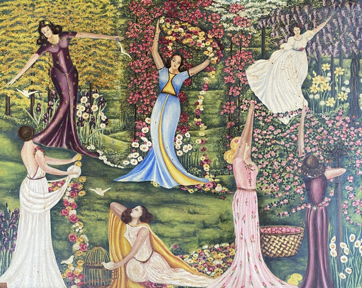 Scène Animée Allégorie du Printemps Composition Florale Matkulenska 1947 Huile sur toile