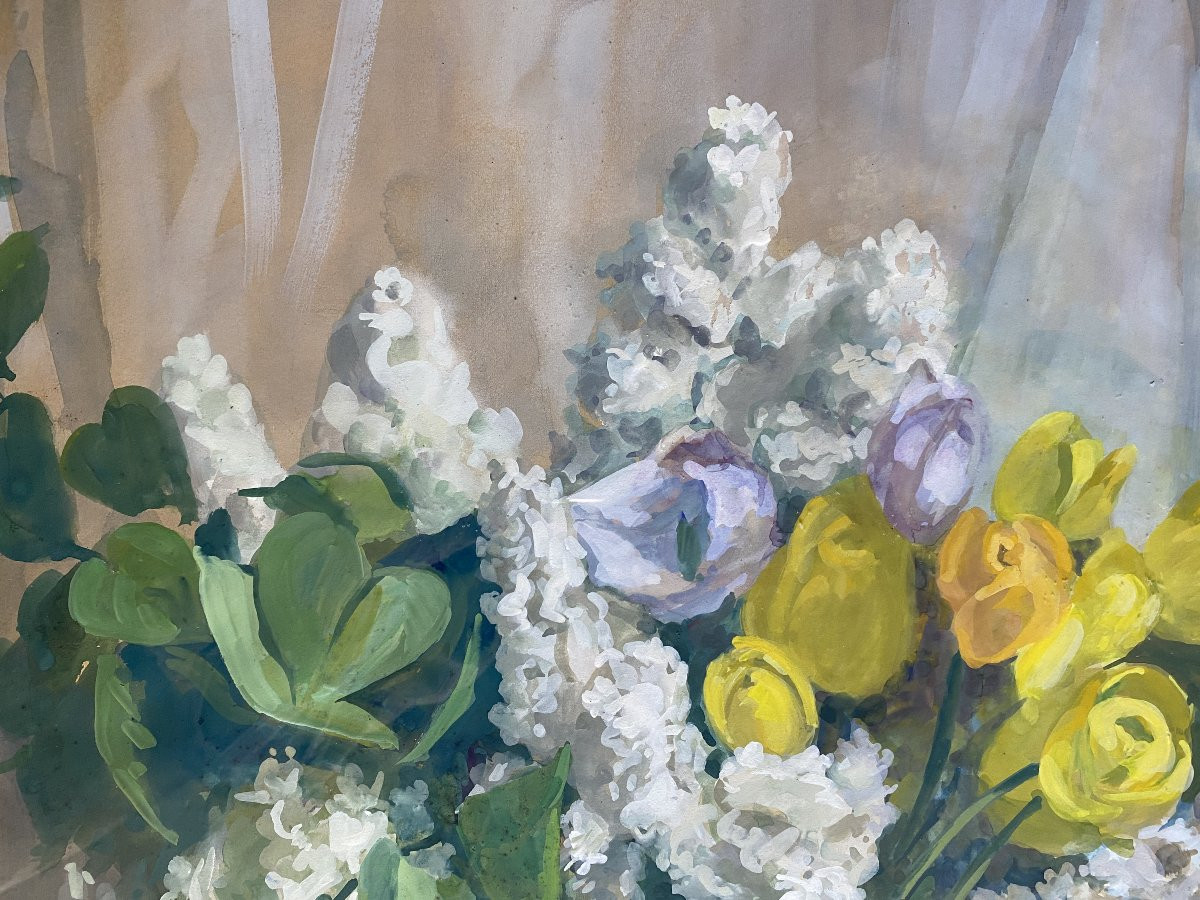 Blanche Zo Laroque Bouquet de Fleurs Gouache sur papier vers 1930 -photo-2