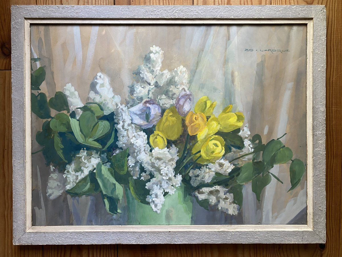 Blanche Zo Laroque Bouquet de Fleurs Gouache sur papier vers 1930 -photo-3
