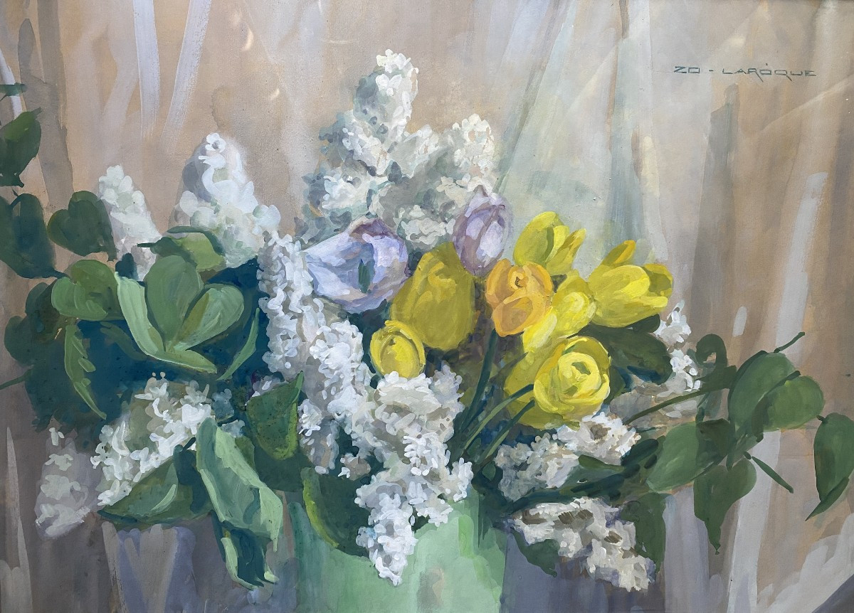 Blanche Zo Laroque Bouquet de Fleurs Gouache sur papier vers 1930 