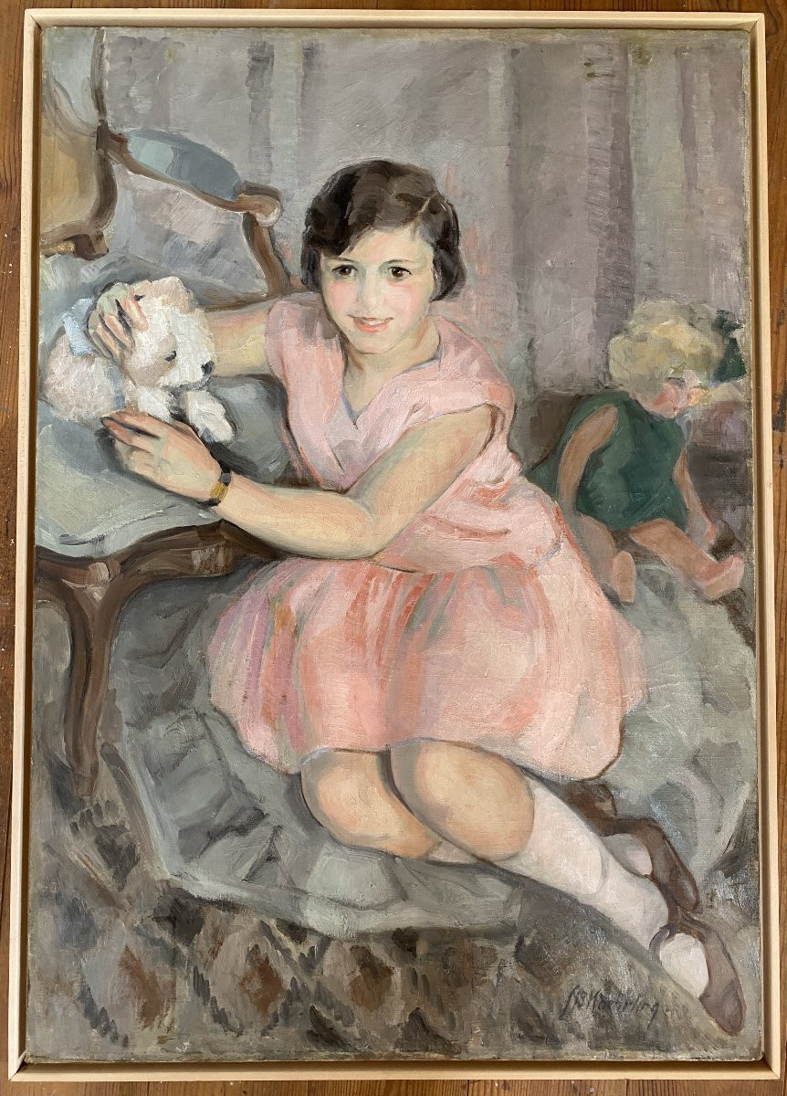 Suzanne Kaerhling Portrait Of A Young Girl With A Dog Circa 1930 Oil On Canvas Paris 20th Century-photo-2