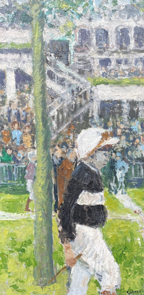 René Galant Course Hippique à Longchamp Huile sur toile 1974