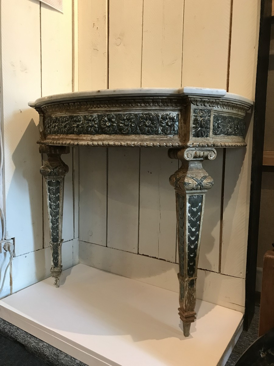 Console demi lune Louis XVI en bois rechampi, travail Français vers 1900-photo-2
