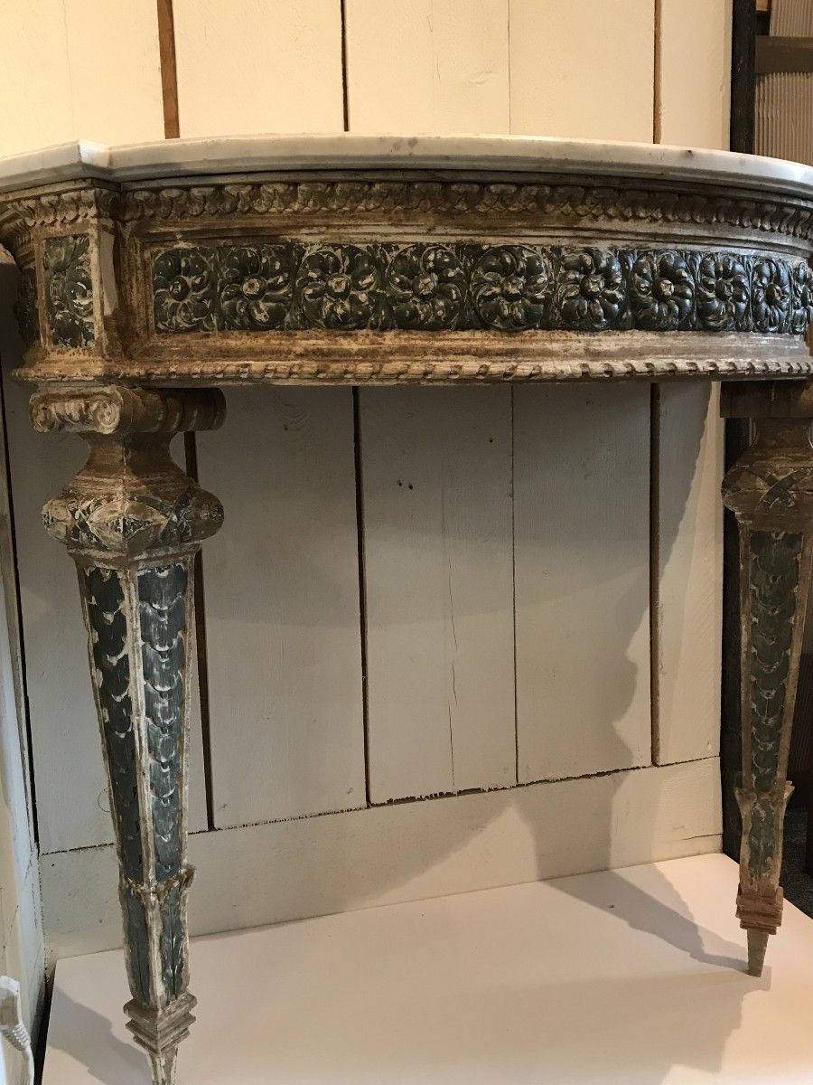 Console demi lune Louis XVI en bois rechampi, travail Français vers 1900-photo-3