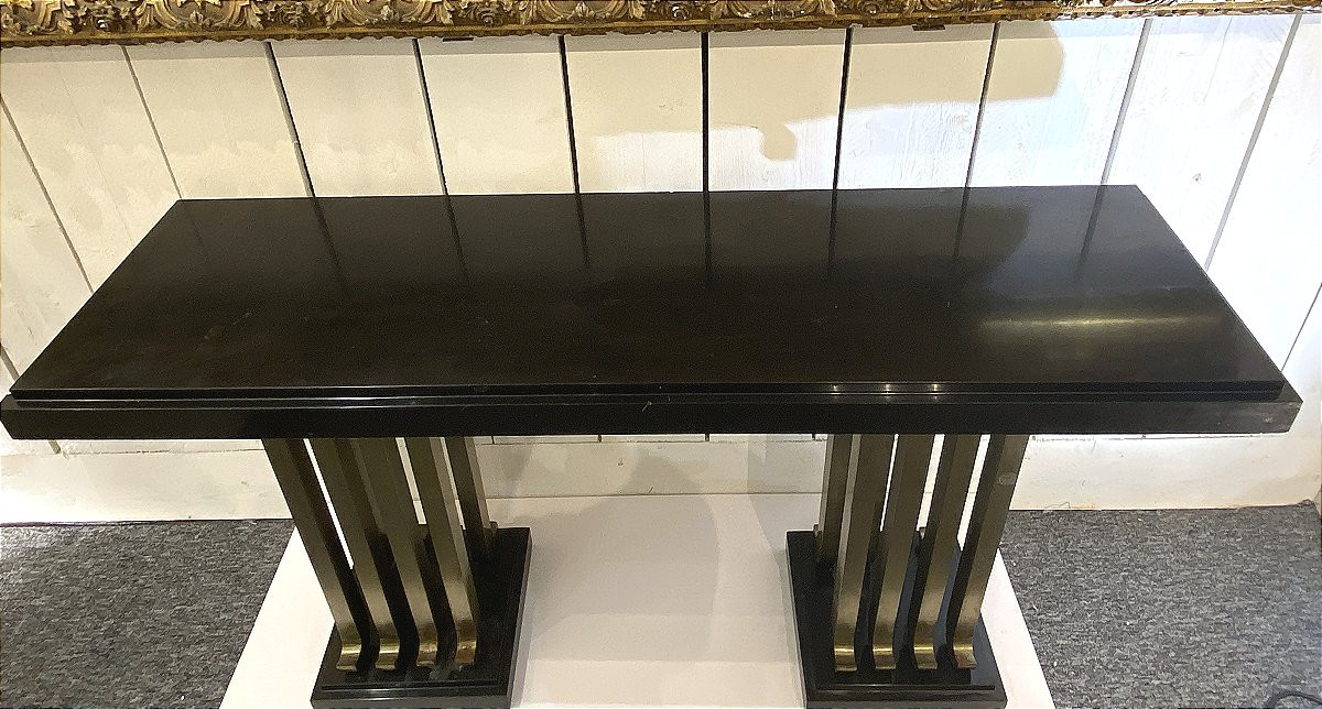 Console d'applique Art Déco 1930 Dans le Goût de Raymond Subes France Marbre et Fer Battu-photo-2