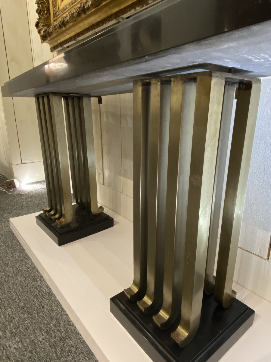 Console d'applique Art Déco 1930 Dans le Goût de Raymond Subes France Marbre et Fer Battu-photo-1