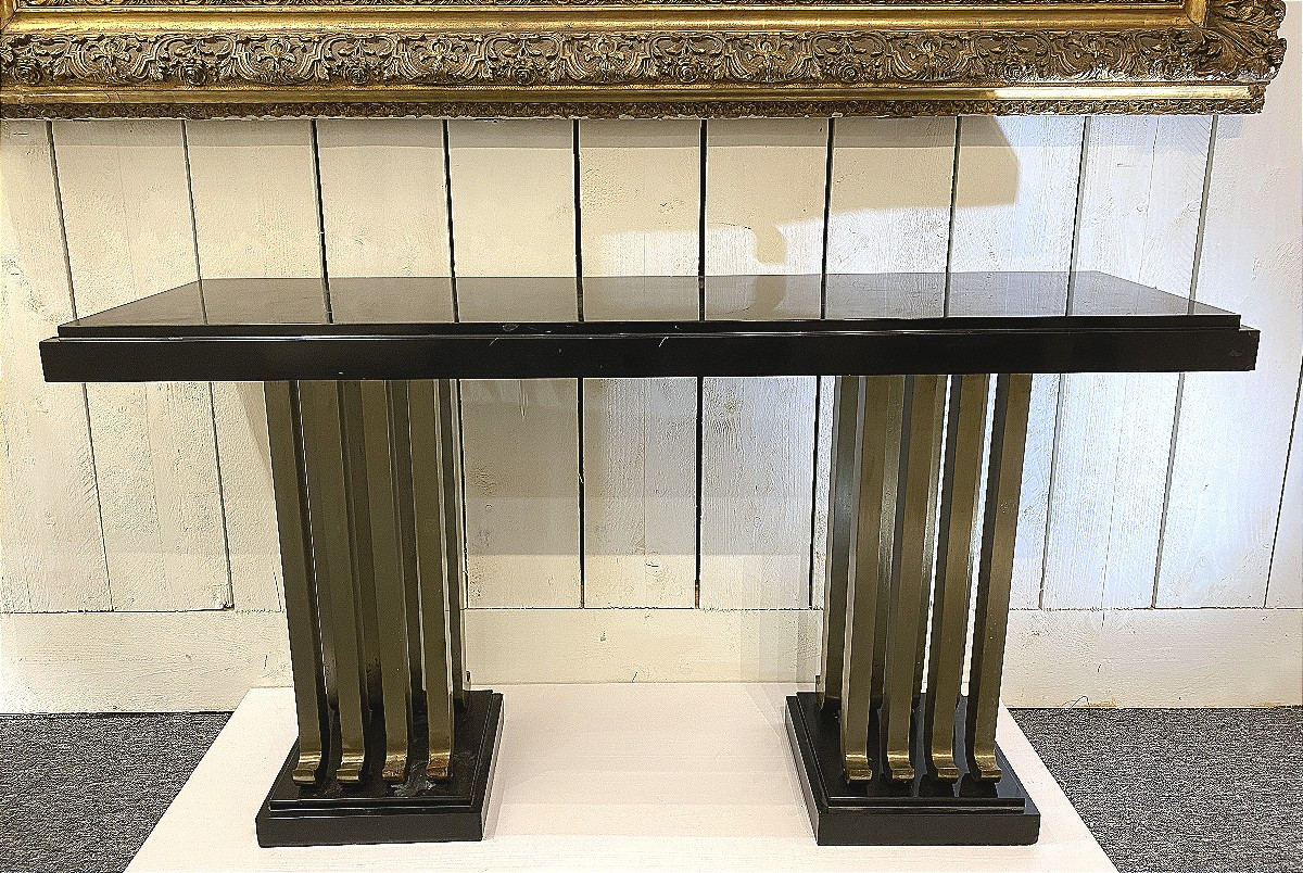 Console d'applique Art Déco 1930 Dans le Goût de Raymond Subes France Marbre et Fer Battu