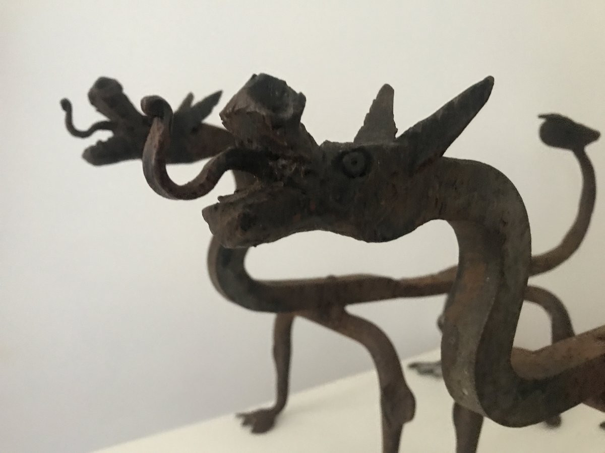 Paire de Chenets en fer forgé, sculptures de dragons, animal fantastique, Viardot. Japon. XXé.-photo-3