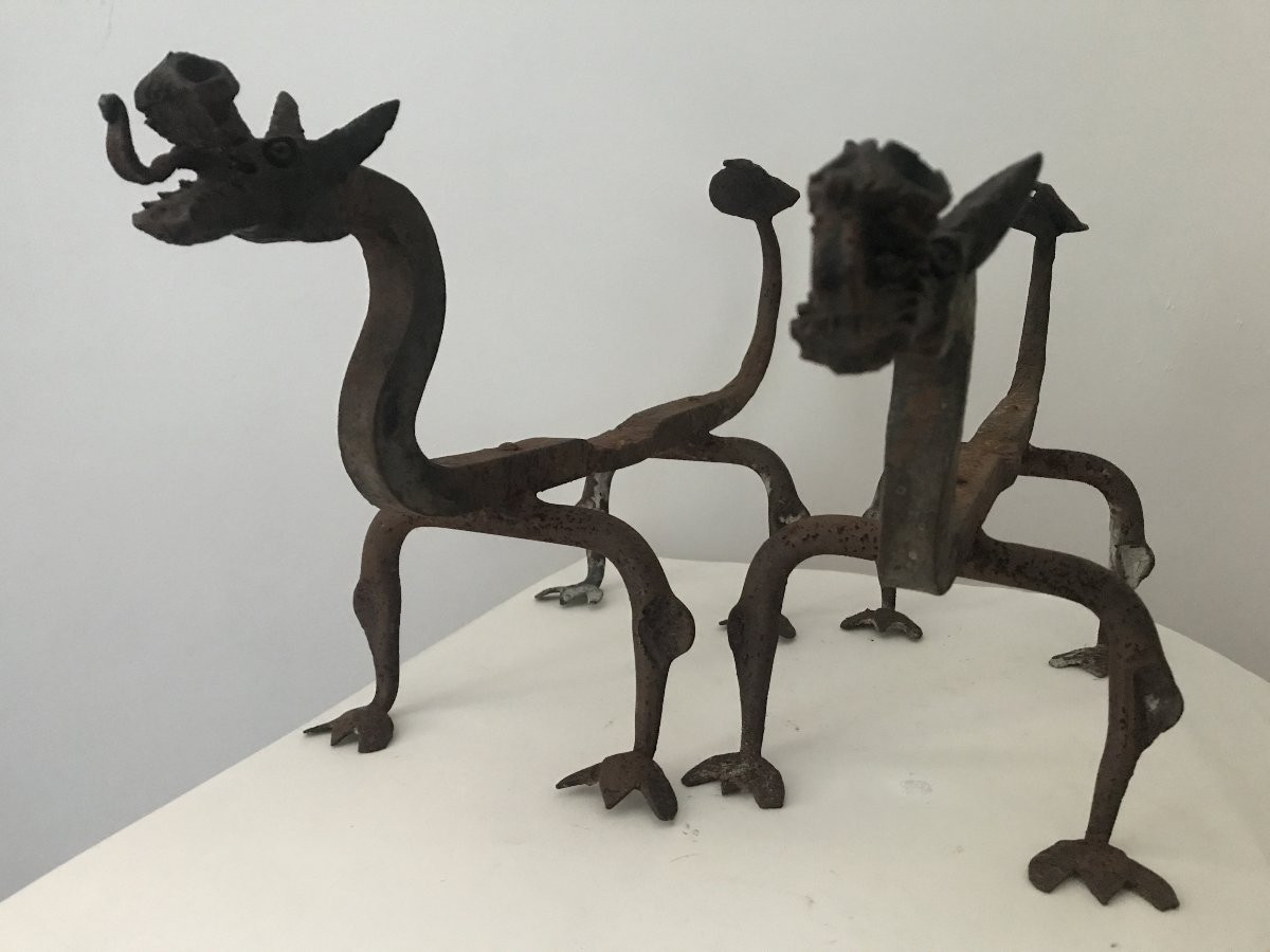Paire de Chenets en fer forgé, sculptures de dragons, animal fantastique, Viardot. Japon. XXé.-photo-4