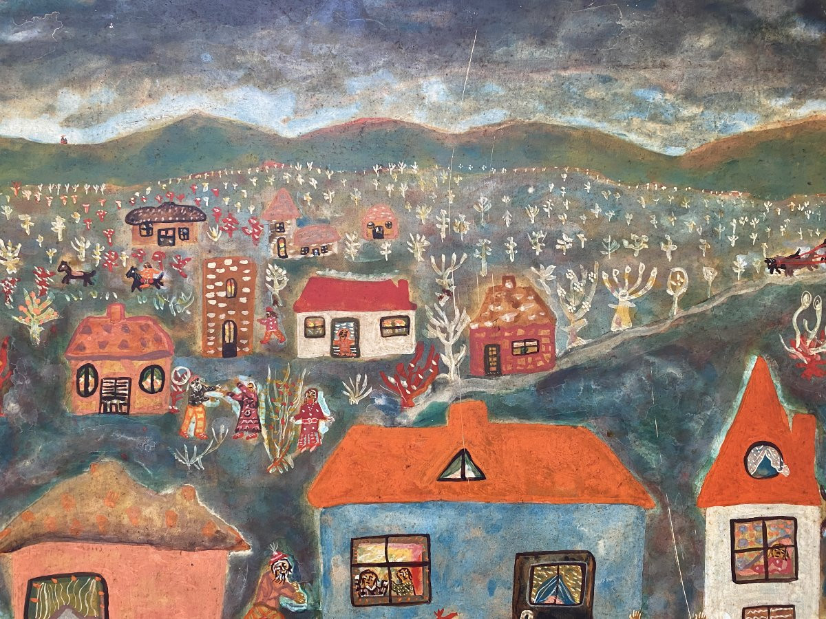 Miron Kiropol Scène Naïve avec Personnages Roumanie France Huile sur Toile vers 1980 Art Naïf-photo-4