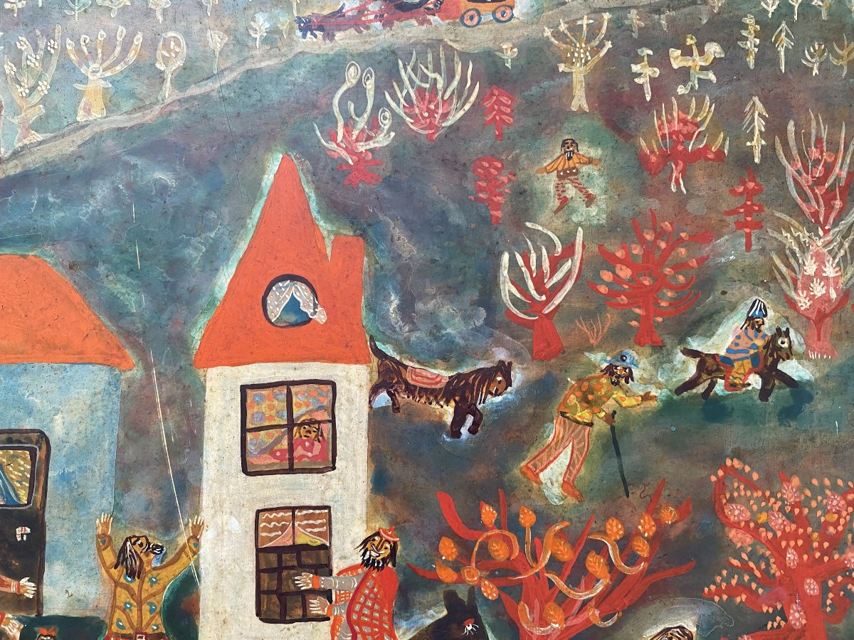 Miron Kiropol Scène Naïve avec Personnages Roumanie France Huile sur Toile vers 1980 Art Naïf-photo-2