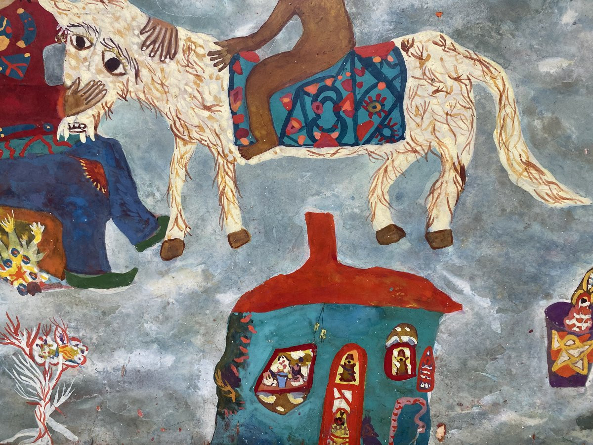 Miron Kiropol Scène Naïve avec Personnages Roumanie France Huile sur Toile vers 1980 Art Naïf-photo-2