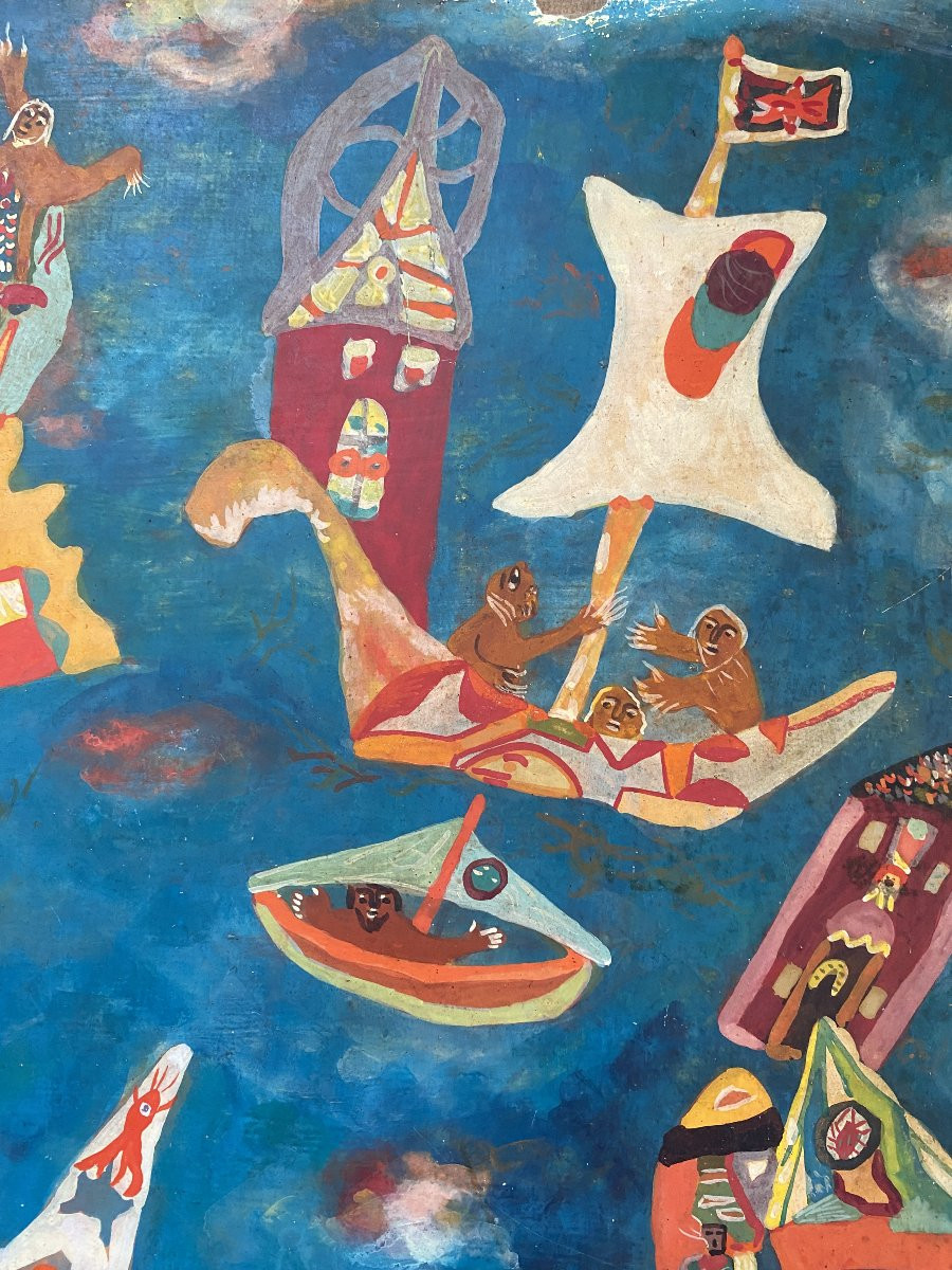 Miron Kiropol Scène Naïve avec Personnages Roumanie France Huile sur Toile vers 1980 Art Naïf-photo-2