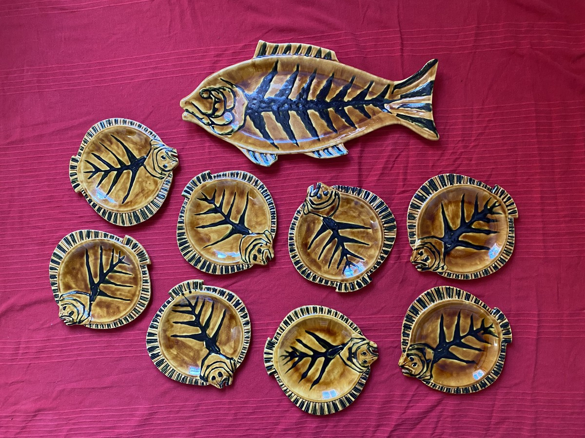 Vallauris Fish Service 1950: Platter And 8 Plates, Glazed Earthenware In The Style Of Lurçat