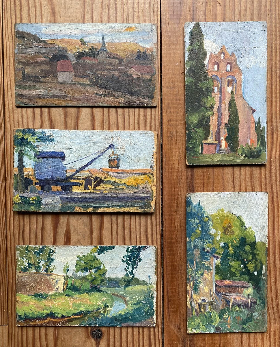 Landscape Painting, Southwest France, Circa 1915. Oils On Cardboard (set Of 5 Small Works) 