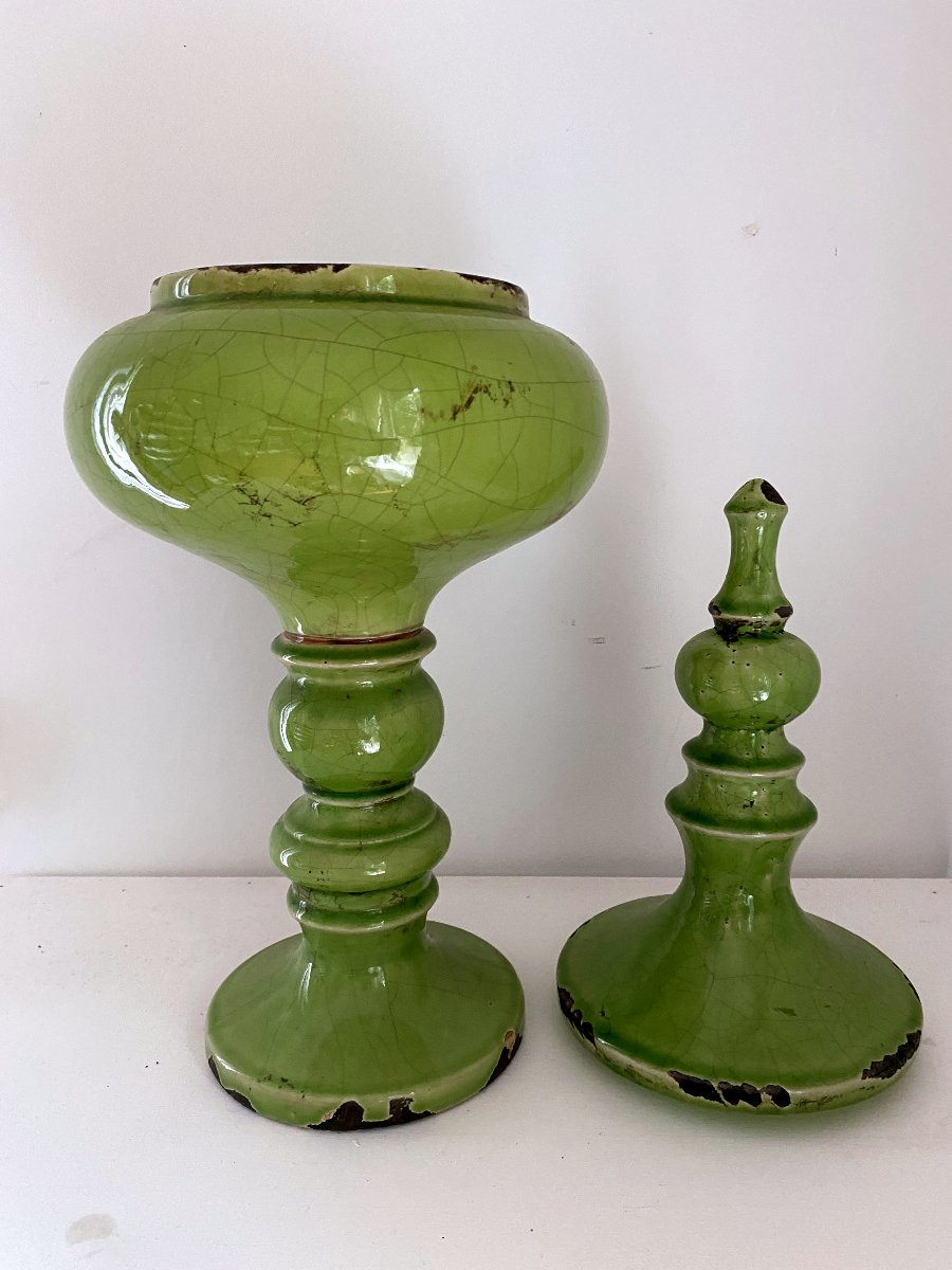 Covered Pot In The Style Of Pol Chambost, Ceramic, Circa 1960, Green Glaze-photo-3