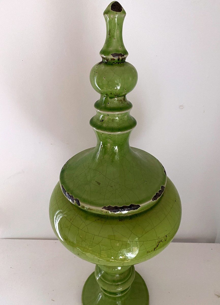 Covered Pot In The Style Of Pol Chambost, Ceramic, Circa 1960, Green Glaze-photo-1