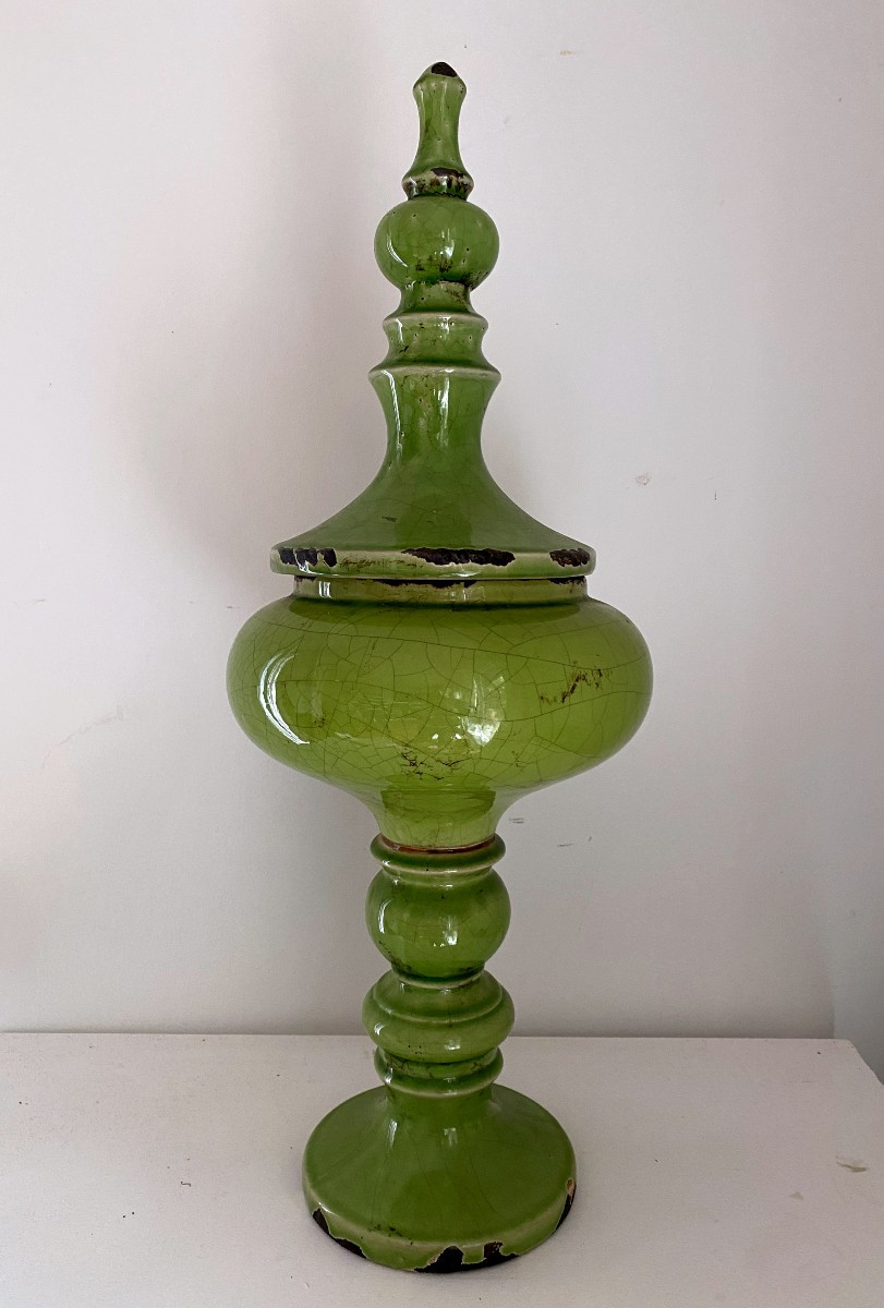 Covered Pot In The Style Of Pol Chambost, Ceramic, Circa 1960, Green Glaze