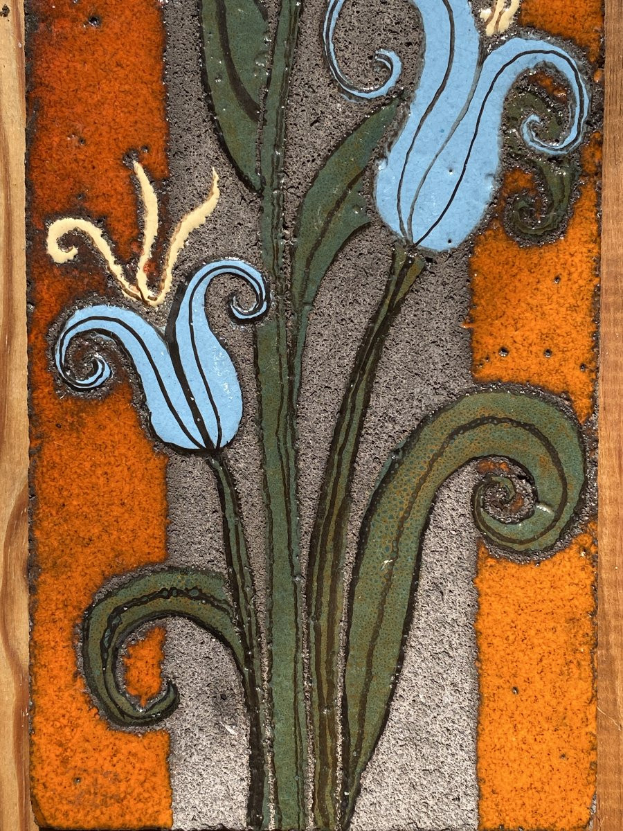 Decorative Lava Stone Plaque Circa 1960 Enameled Bas-relief (in The Style Of Lurçat, Correct)-photo-3