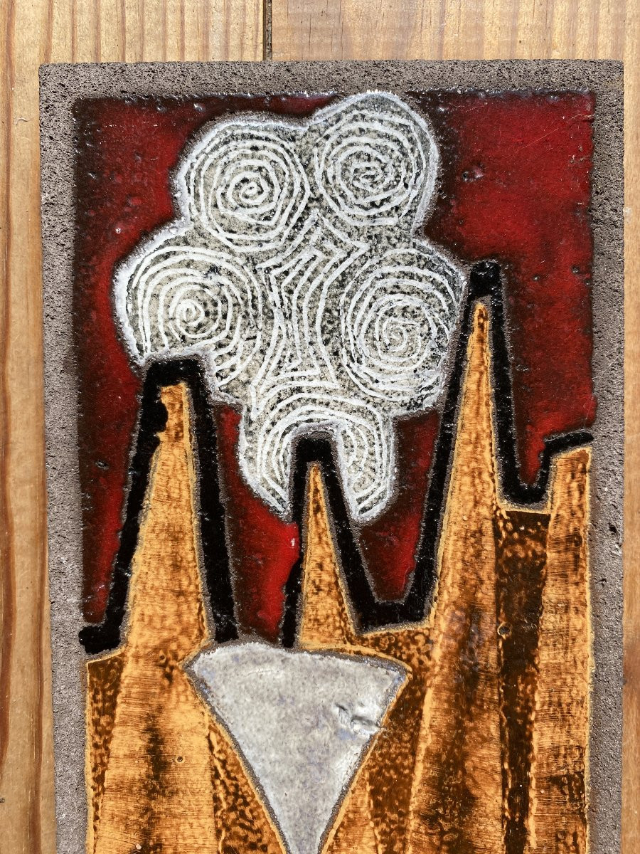 Decorative Lava Stone Plaque Circa 1960 Enameled Bas-relief (in The Style Of Lurçat, Correct)-photo-2