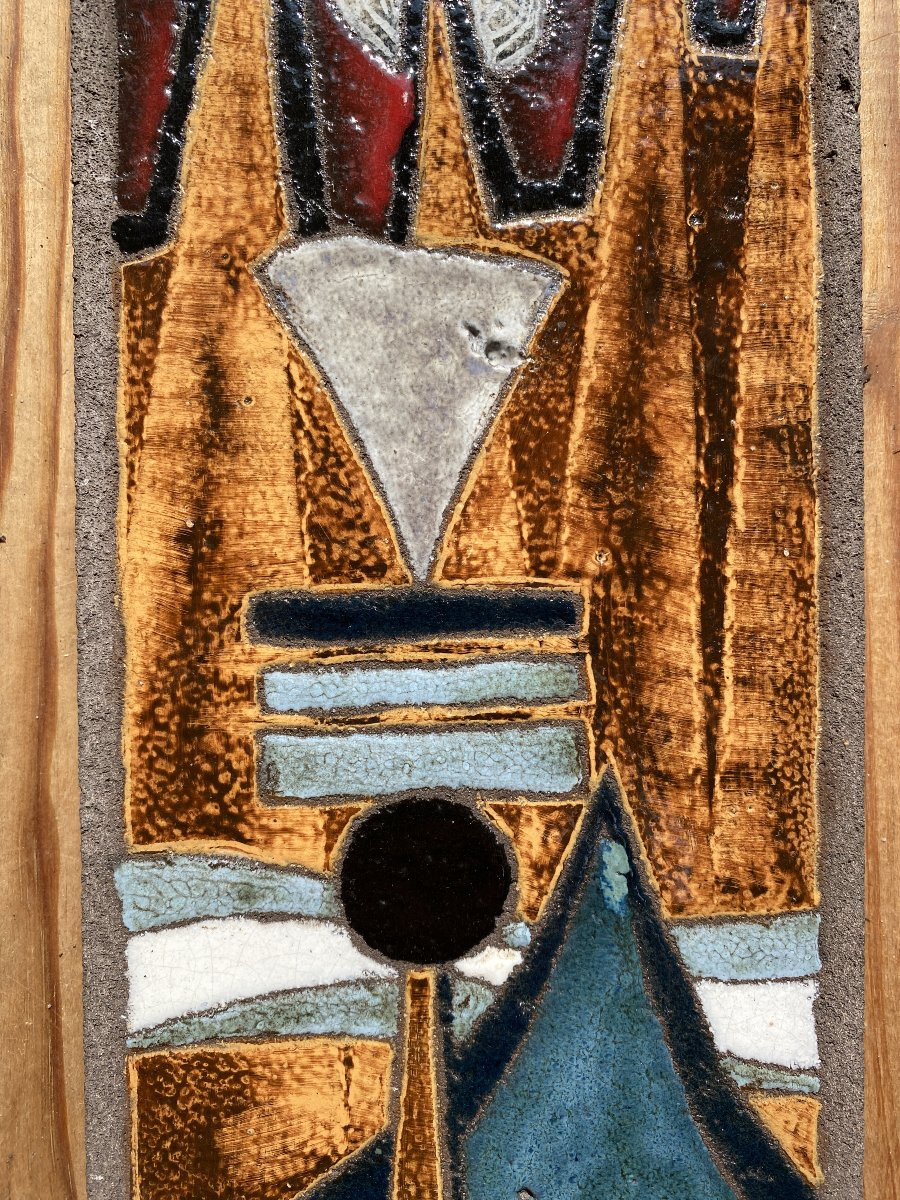 Decorative Lava Stone Plaque Circa 1960 Enameled Bas-relief (in The Style Of Lurçat, Correct)-photo-3