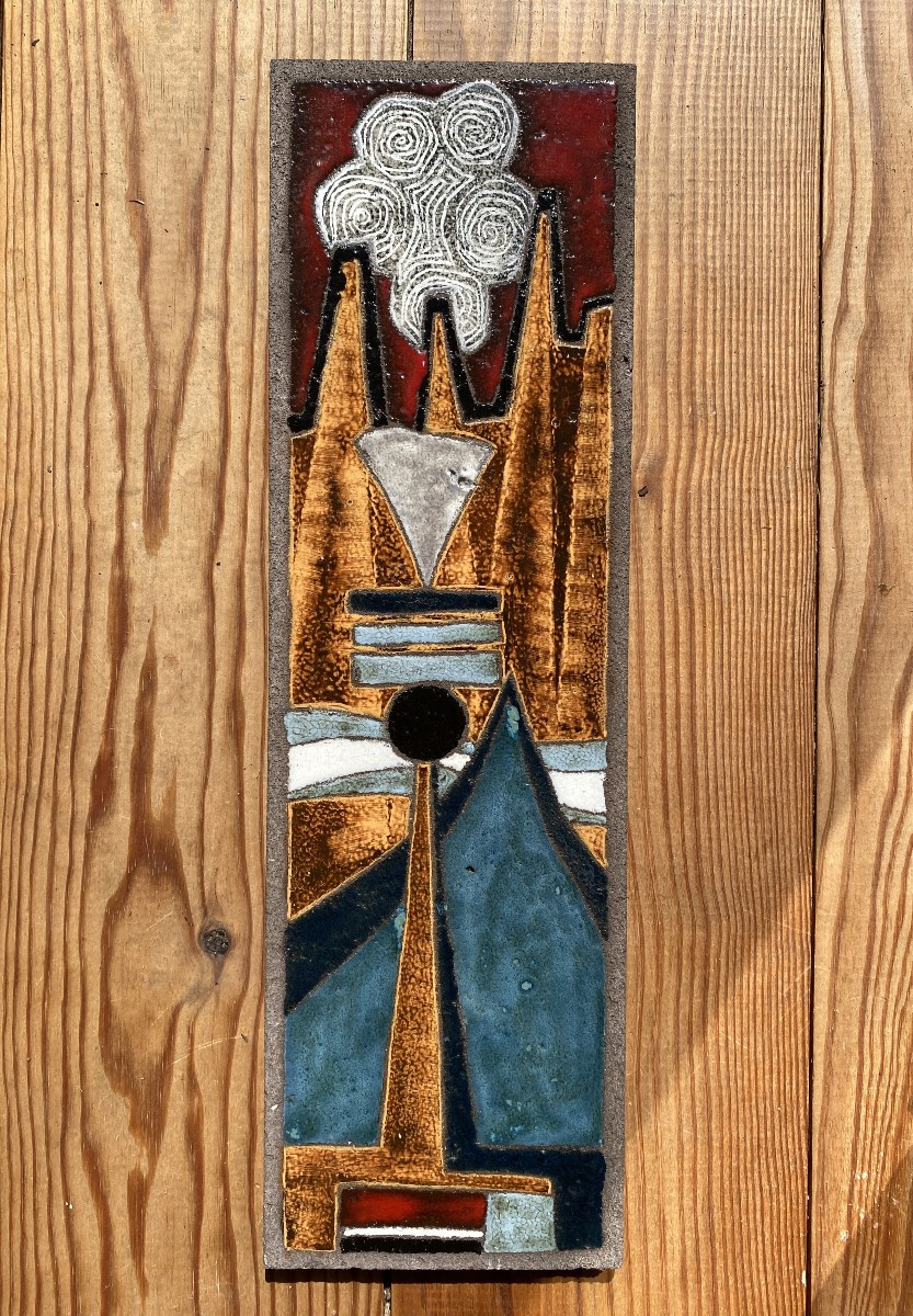 Decorative Lava Stone Plaque Circa 1960 Enameled Bas-relief (in The Style Of Lurçat, Correct)