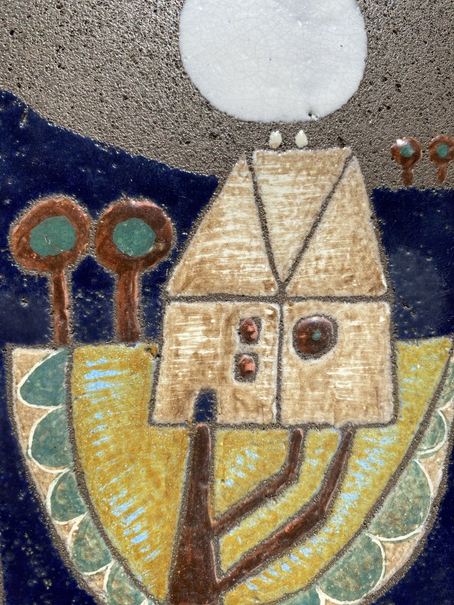 Decorative Lava Stone Plaque Circa 1960 Enameled Bas-relief (in The Style Of Lurçat, Correct)-photo-2