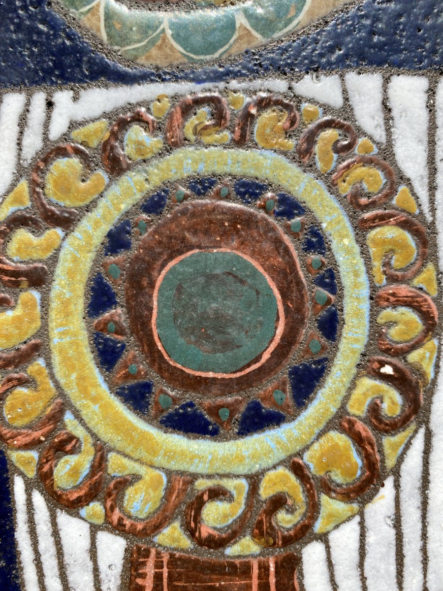 Decorative Lava Stone Plaque Circa 1960 Enameled Bas-relief (in The Style Of Lurçat, Correct)-photo-3