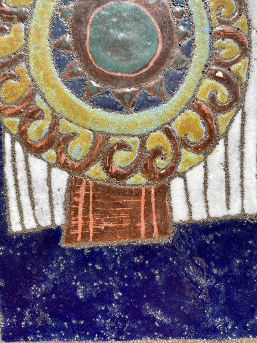 Decorative Lava Stone Plaque Circa 1960 Enameled Bas-relief (in The Style Of Lurçat, Correct)-photo-4