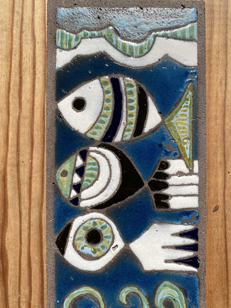 Decorative Lava Stone Plaque Circa 1960 Enameled Bas-relief (in The Style Of Lurçat, Correct)-photo-3