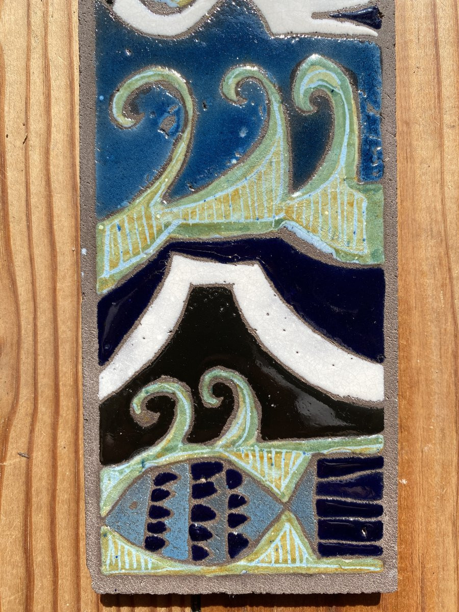 Decorative Lava Stone Plaque Circa 1960 Enameled Bas-relief (in The Style Of Lurçat, Correct)-photo-4