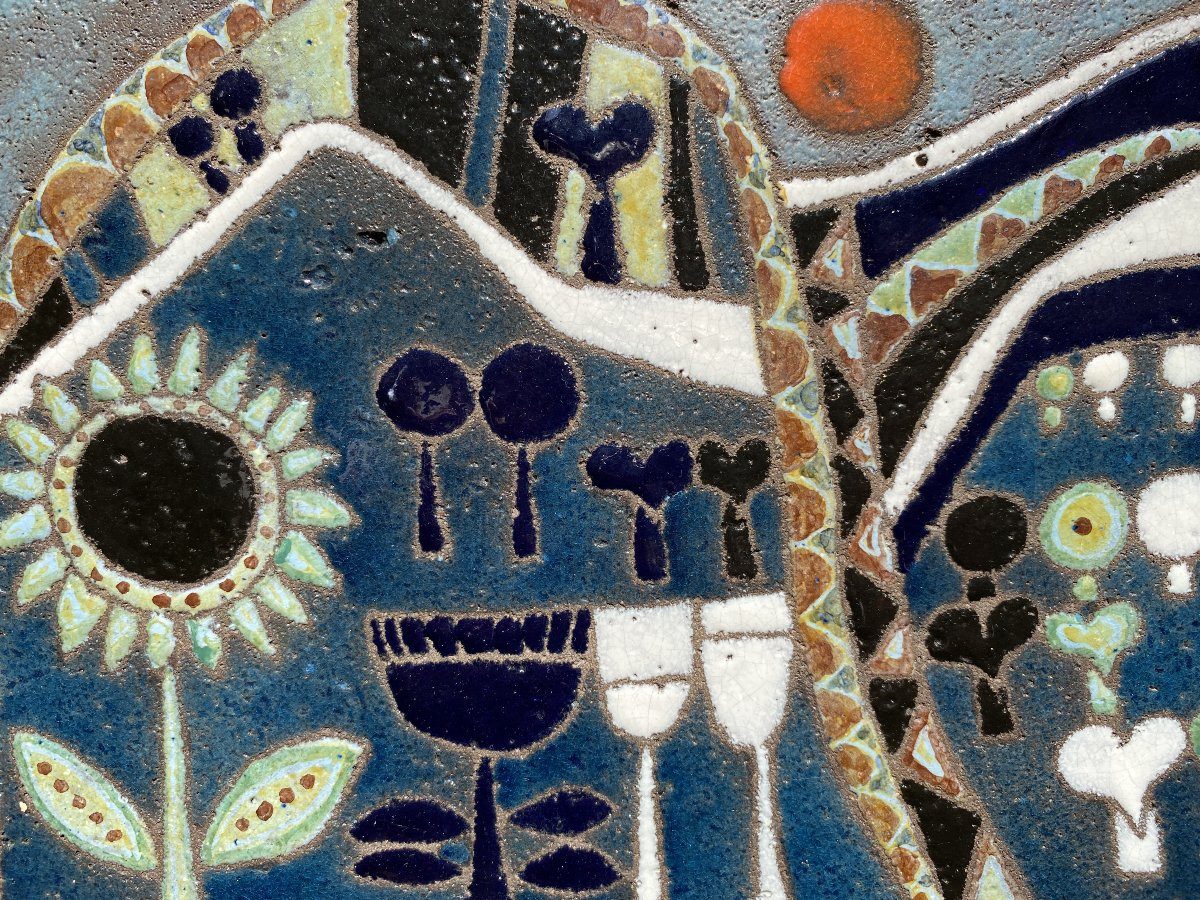 Decorative Lava Stone Plaque Circa 1960 Enameled Bas-relief (in The Style Of Lurçat, Correct)-photo-2