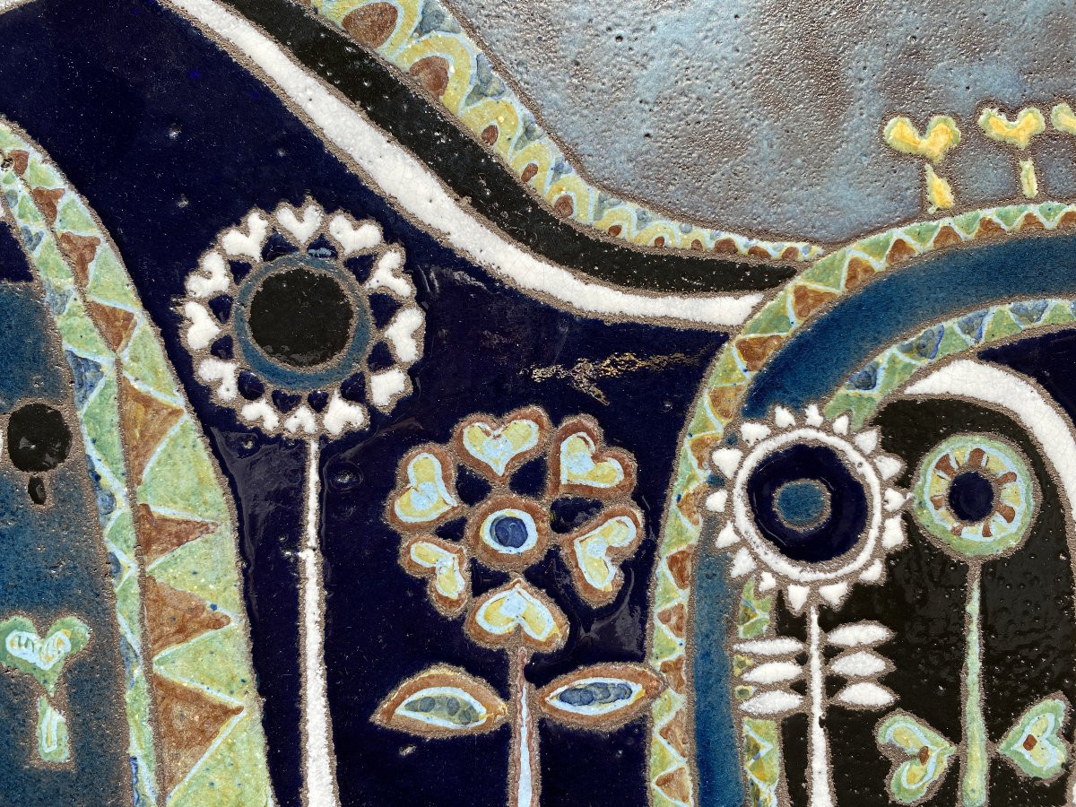 Decorative Lava Stone Plaque Circa 1960 Enameled Bas-relief (in The Style Of Lurçat, Correct)-photo-3