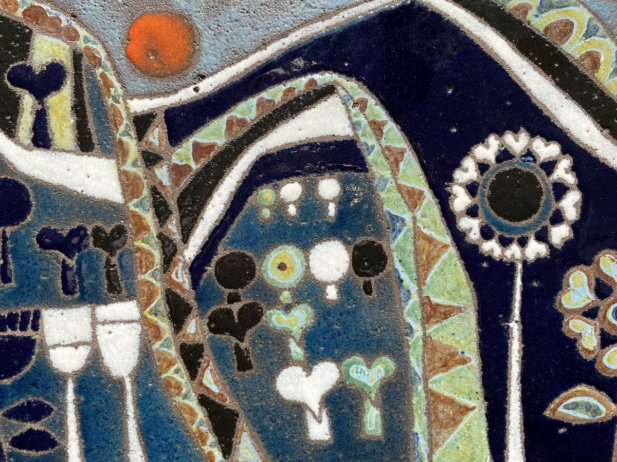 Decorative Lava Stone Plaque Circa 1960 Enameled Bas-relief (in The Style Of Lurçat, Correct)-photo-4