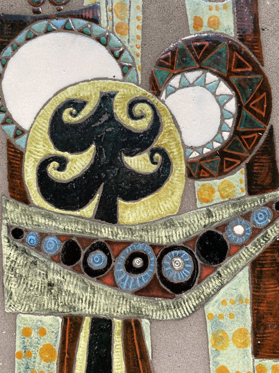 Decorative Lava Stone Plaque Circa 1960 Enameled Bas-relief (in The Style Of Lurçat, Correct)-photo-2