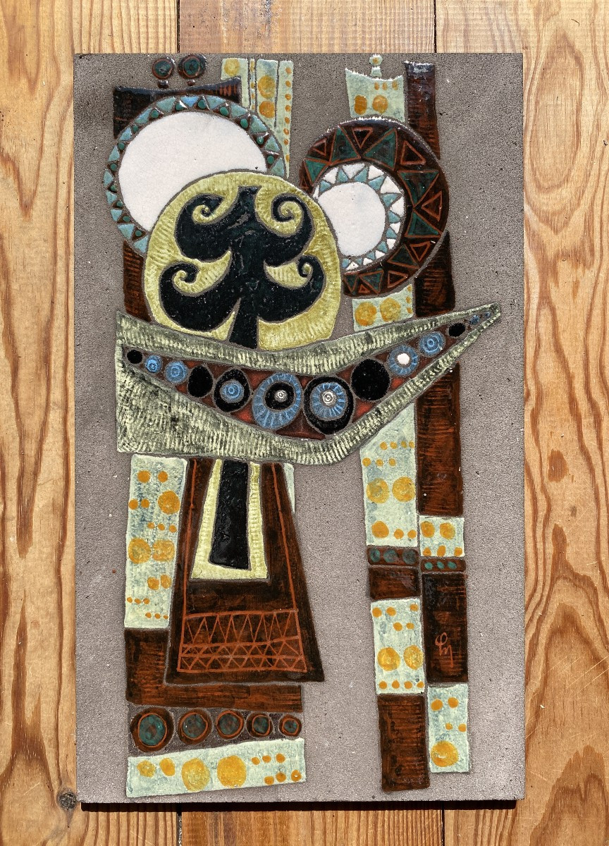 Decorative Lava Stone Plaque Circa 1960 Enameled Bas-relief (in The Style Of Lurçat, Correct)