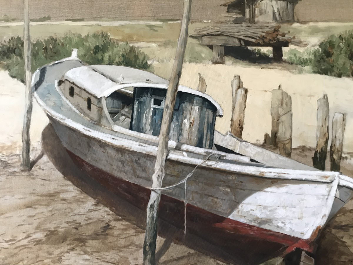 Pinasse On The Mimbeau- Cap Ferret, Arcachon Bay, Michel Brosseau 97. Large Oil/canvas  -photo-2