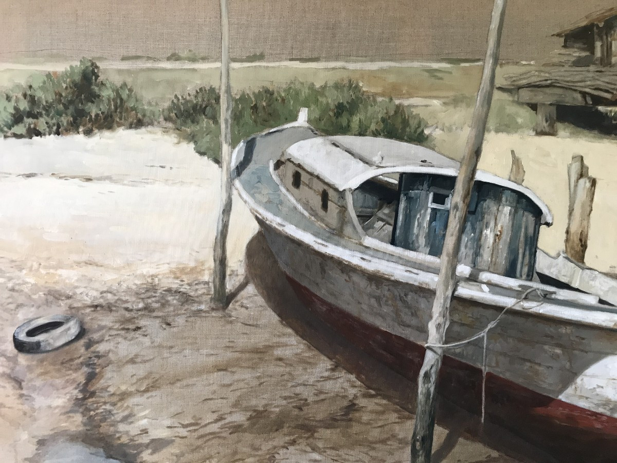 Pinasse On The Mimbeau- Cap Ferret, Arcachon Bay, Michel Brosseau 97. Large Oil/canvas  -photo-3