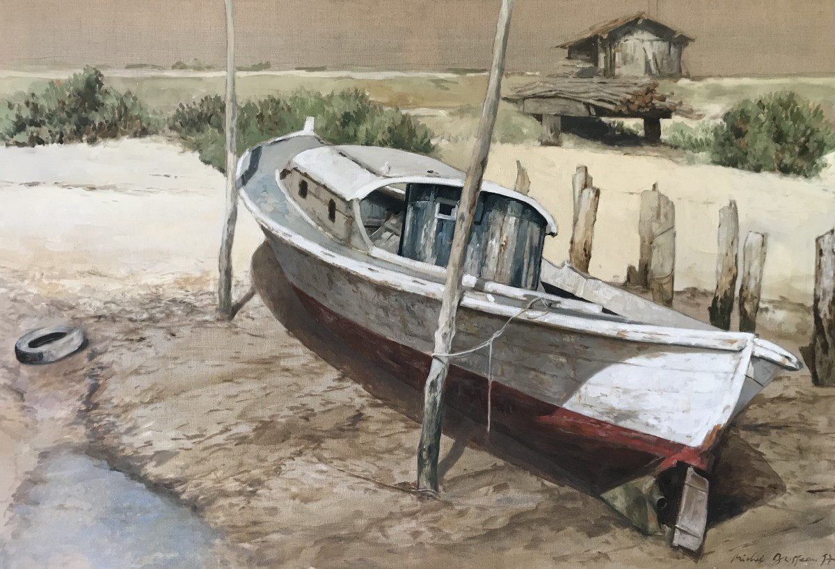 Pinasse On The Mimbeau- Cap Ferret, Arcachon Bay, Michel Brosseau 97. Large Oil/canvas  