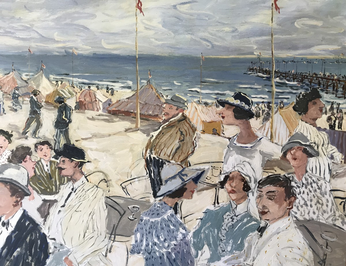 Important Painting, Lively Beach Scene Signed M. Clauzade, Arcachon, Deauvile, Biarritz-photo-3