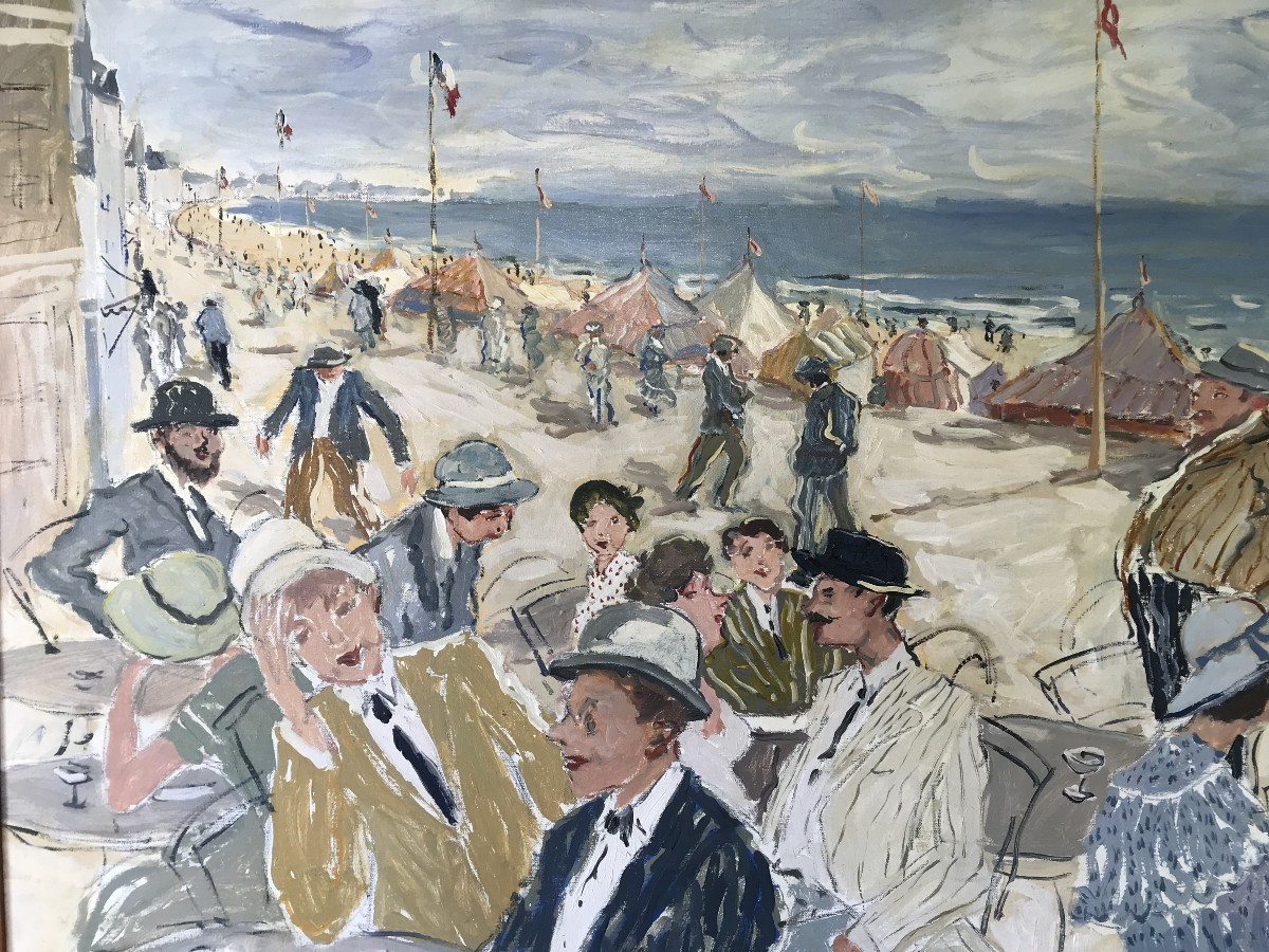 Important Painting, Lively Beach Scene Signed M. Clauzade, Arcachon, Deauvile, Biarritz-photo-4
