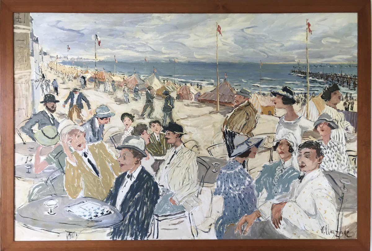 Important Painting, Lively Beach Scene Signed M. Clauzade, Arcachon, Deauvile, Biarritz