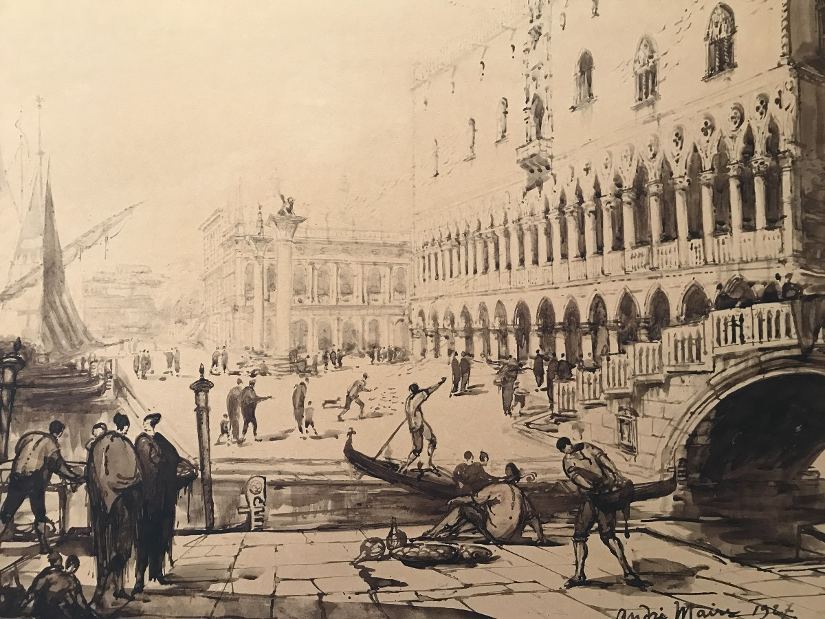 Venise. André Maire. Grand lavis sur papier. 1927. Palais de Doges. Basilique Saint Marc.-photo-2