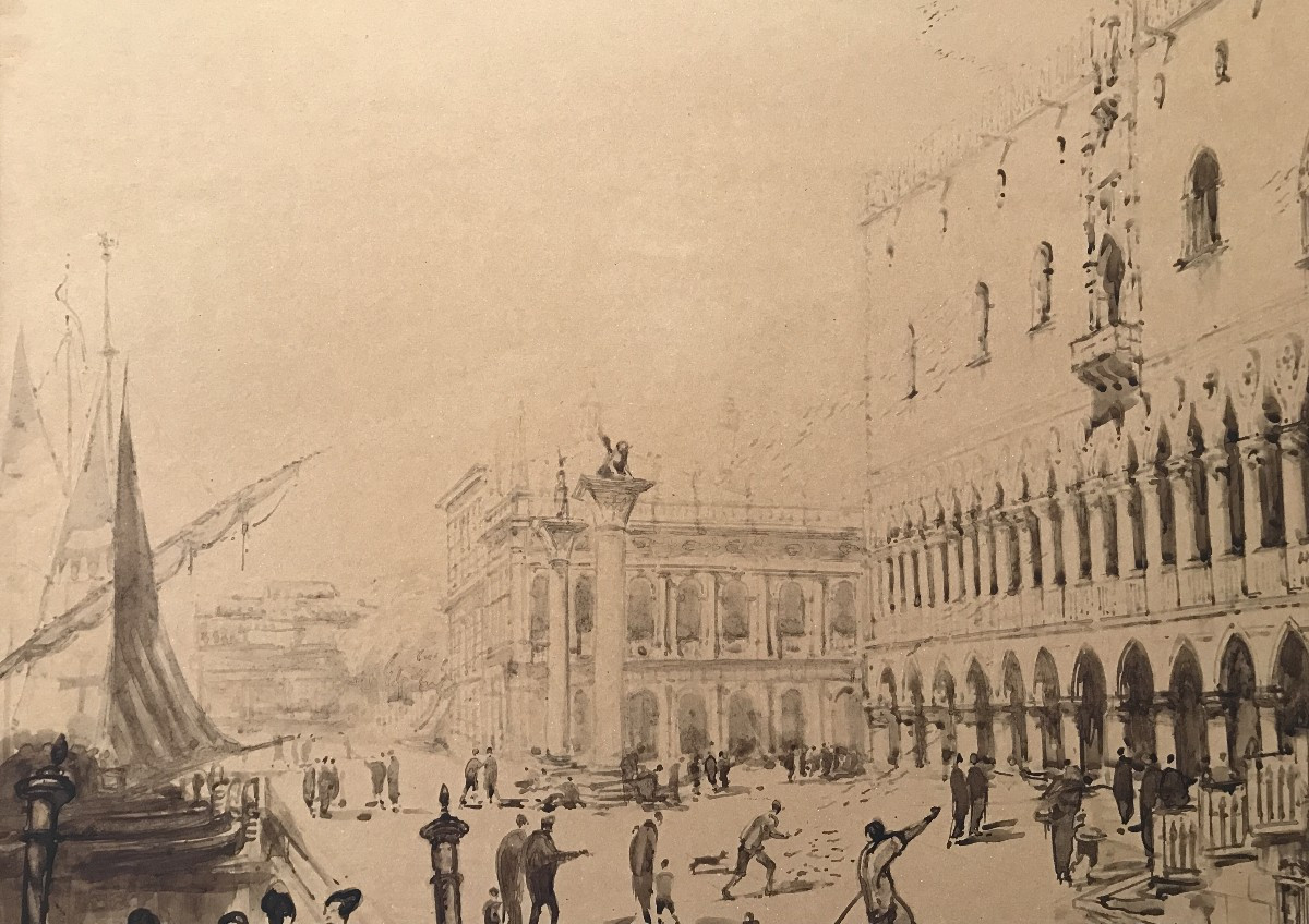 Venise. André Maire. Grand lavis sur papier. 1927. Palais de Doges. Basilique Saint Marc.-photo-3