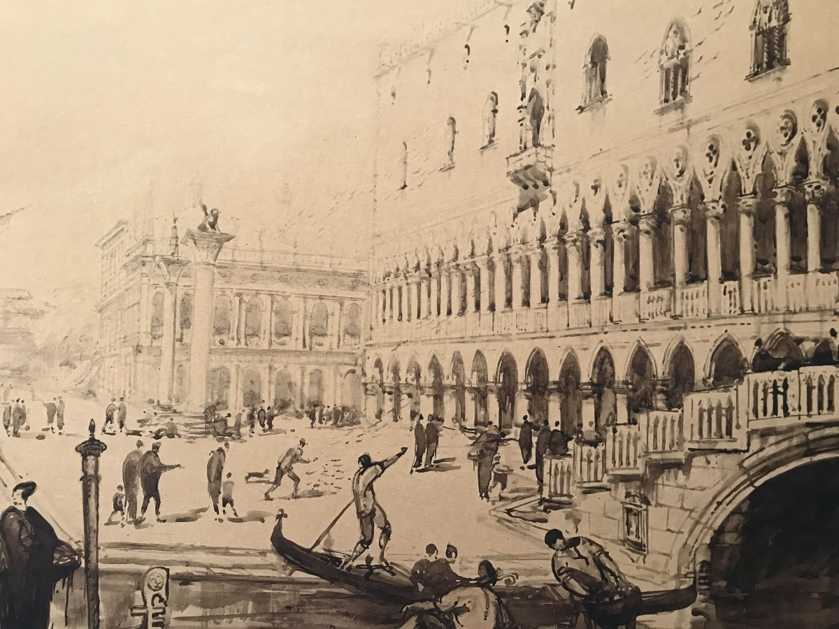 Venise. André Maire. Grand lavis sur papier. 1927. Palais de Doges. Basilique Saint Marc.-photo-4